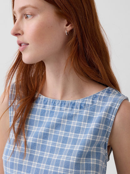 Açık Mavi Kareli Denim Mini Shift Elbise