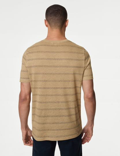 Kısa Kollu Çizgili Saf Keten T-shirt