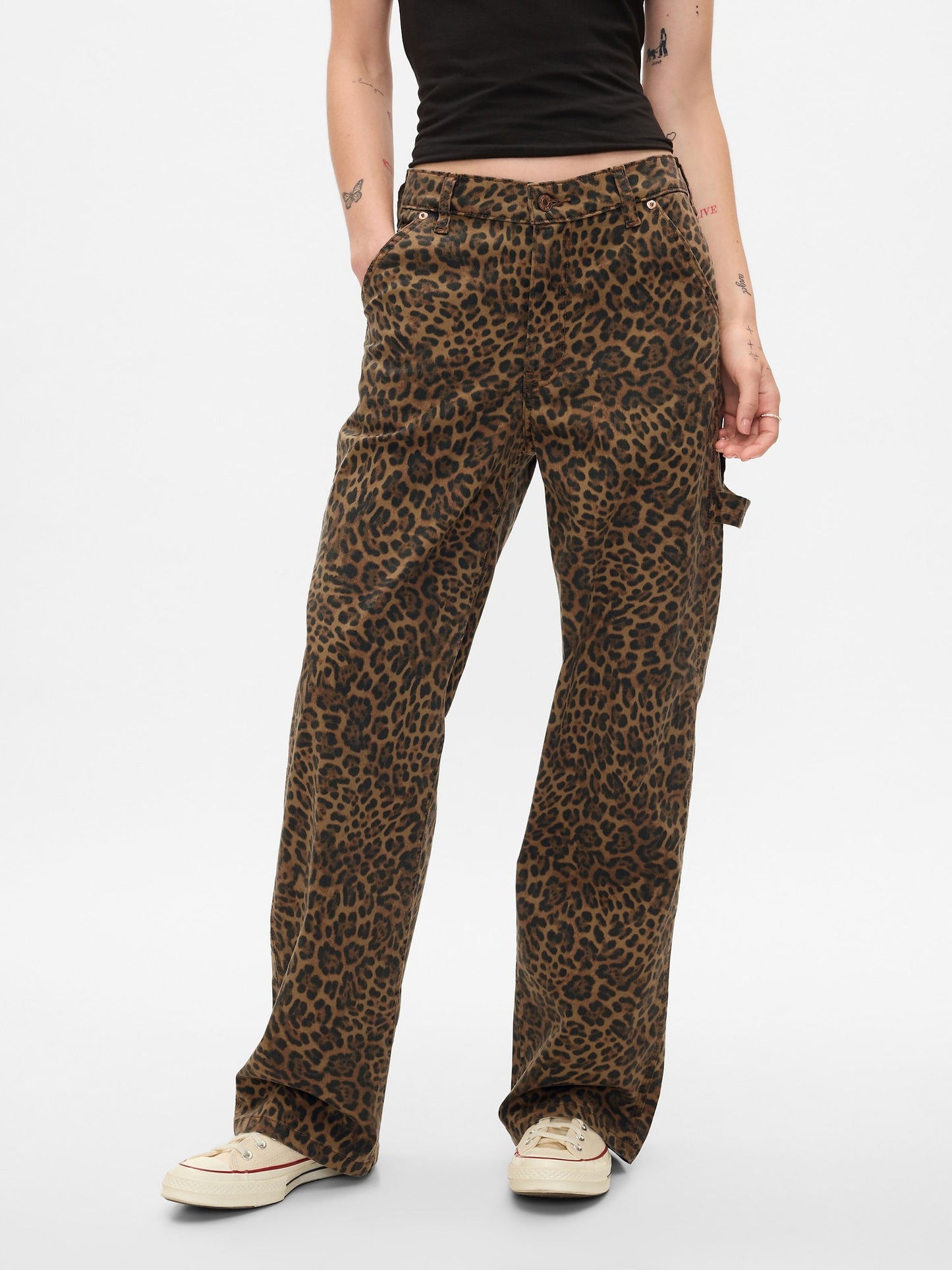 Kahverengi Mid Rise '90s Loose Leopar Desenli Kargo Jean Pantolon
