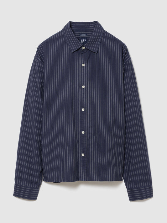 Koyu Mavi Relaxed Crop Straight-hem Oxford Gömlek