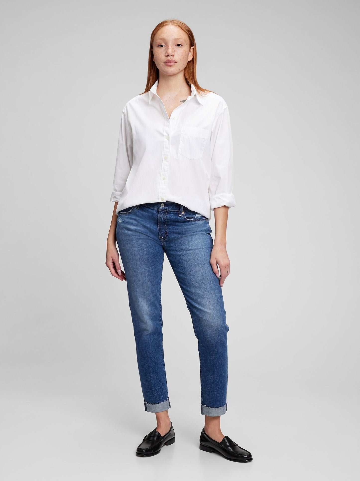 Koyu Mavi Mid Rise Washwell™ Girlfriend Jean Pantolon