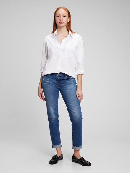 Koyu Mavi Mid Rise Washwell™ Girlfriend Jean Pantolon