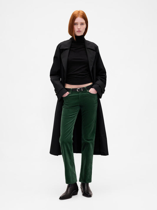 Yeşil Low Rise Kadife '90s Slim Pantolon