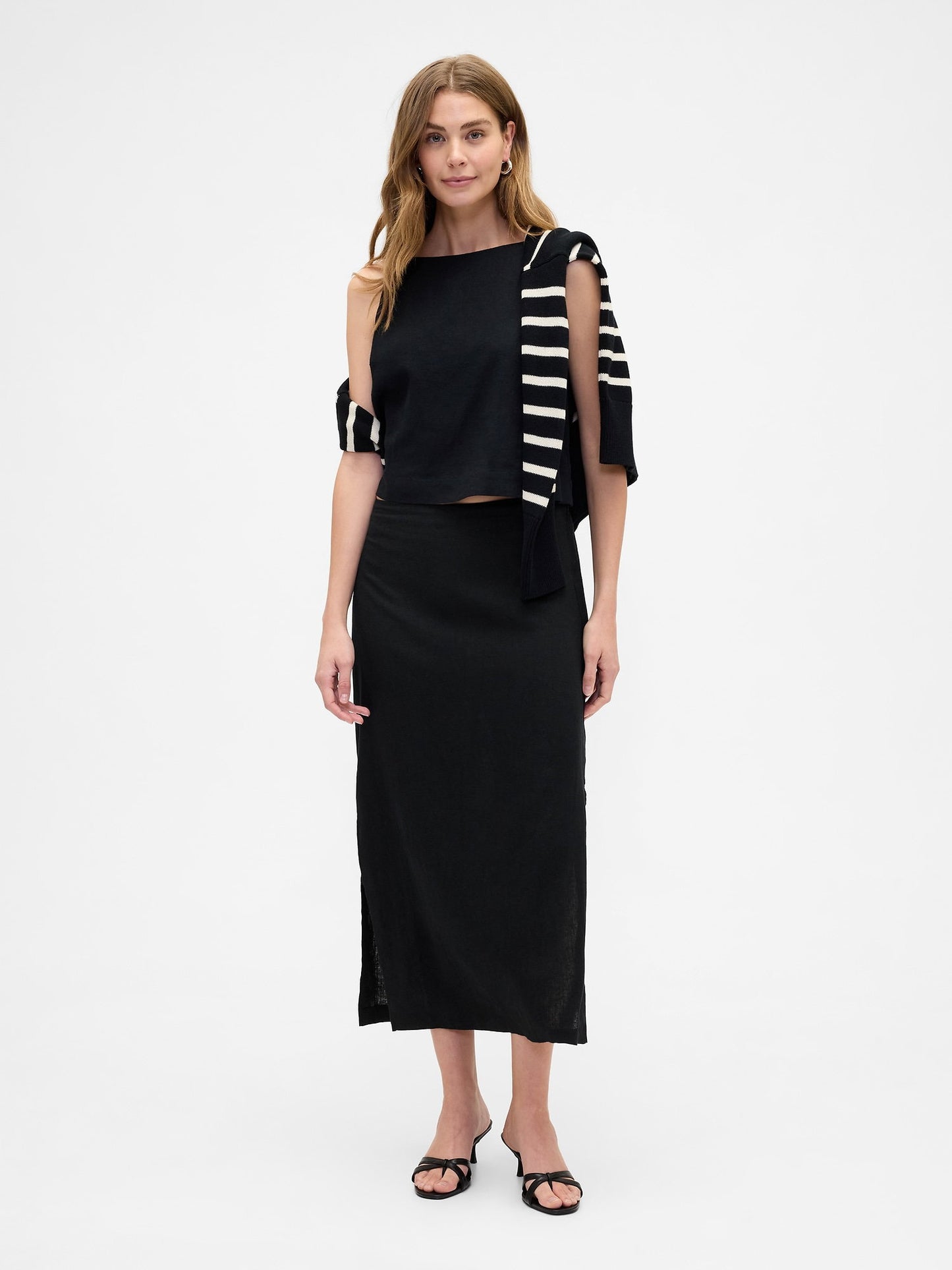 Siyah Keten Karışımı Maxi Slip Etek