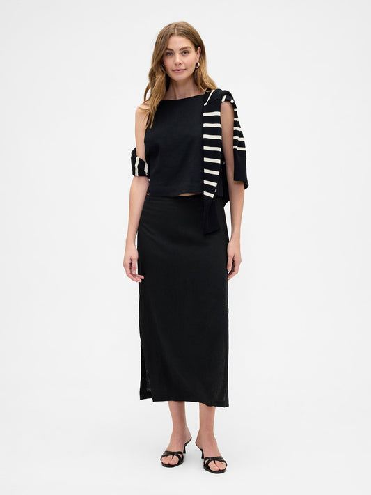 Siyah Keten Karışımı Maxi Slip Etek