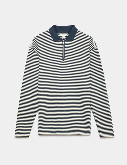 Saf Pamuklu Çizgili Yarım Fermuarlı Polo Yaka T-shirt