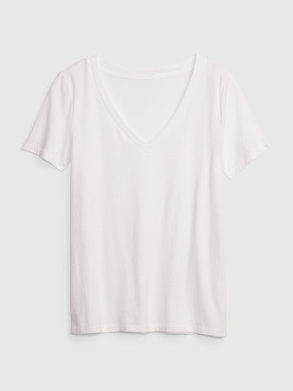 Beyaz Organik Pamuk Vintage V Yaka T-shirt