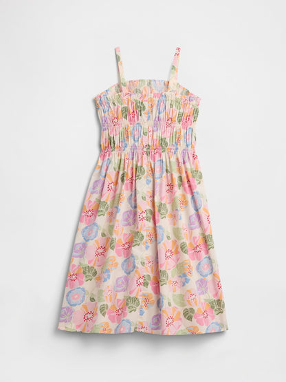 Çok Renkli Baskılı Smocked Midi Elbise