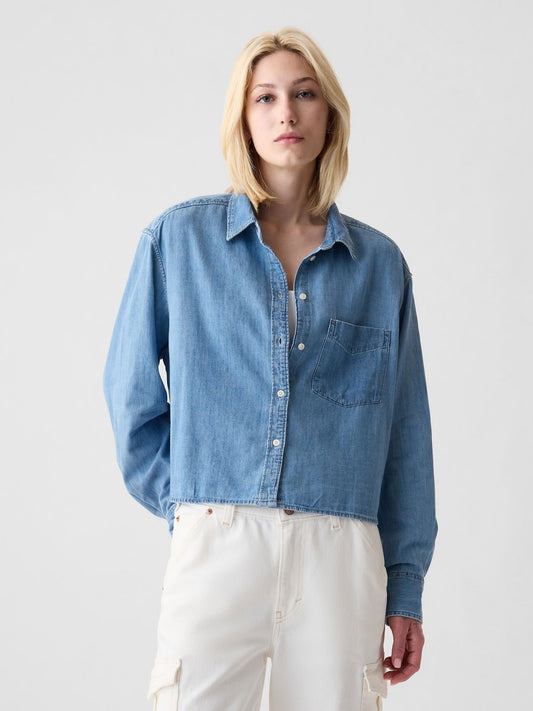 Açık Mavi Denim Crop Gömlek