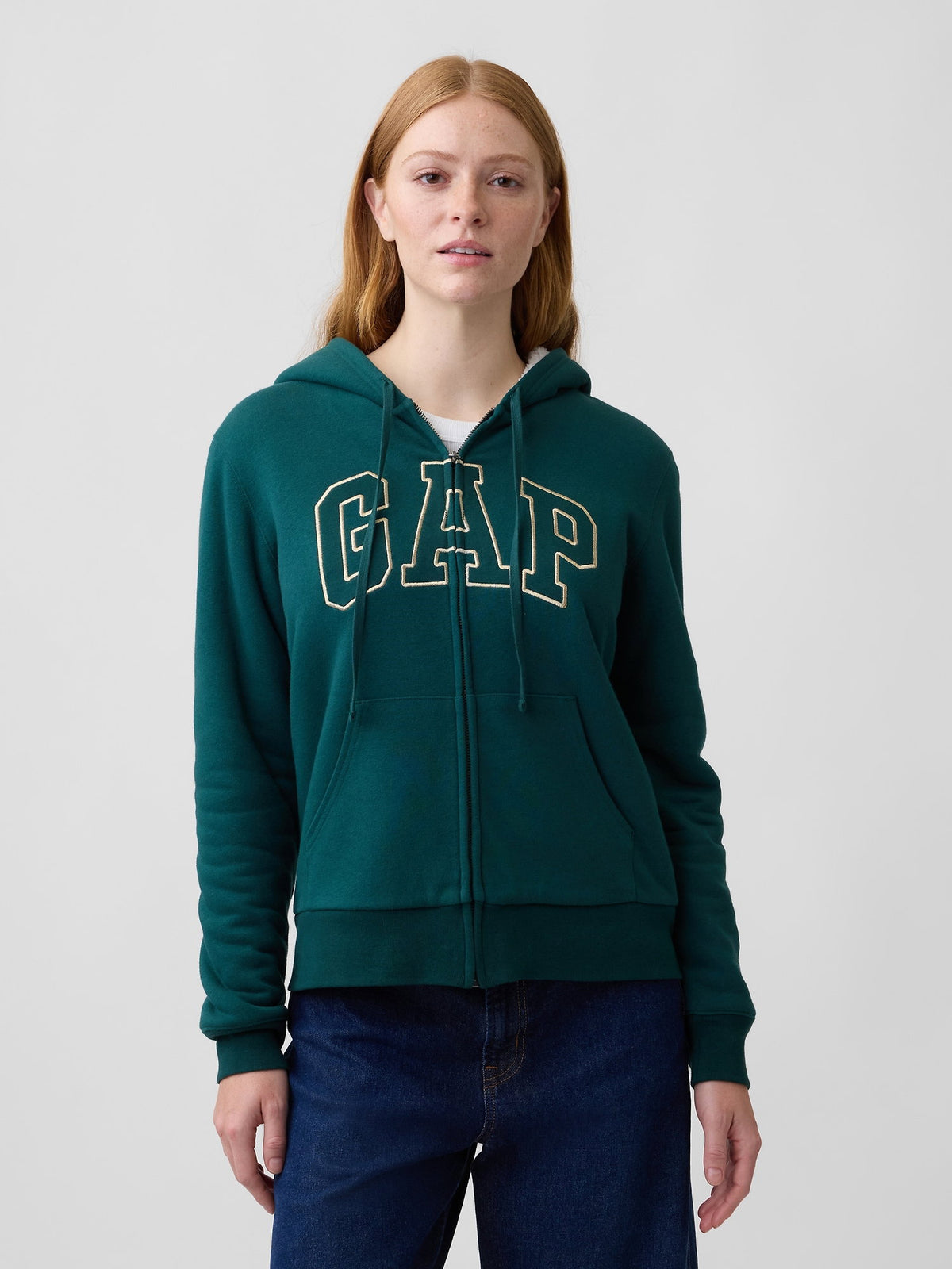 Koyu Yeşil Relaxed Gap Logo Sherpa-astarlı Fermuarlı Sweatshirt