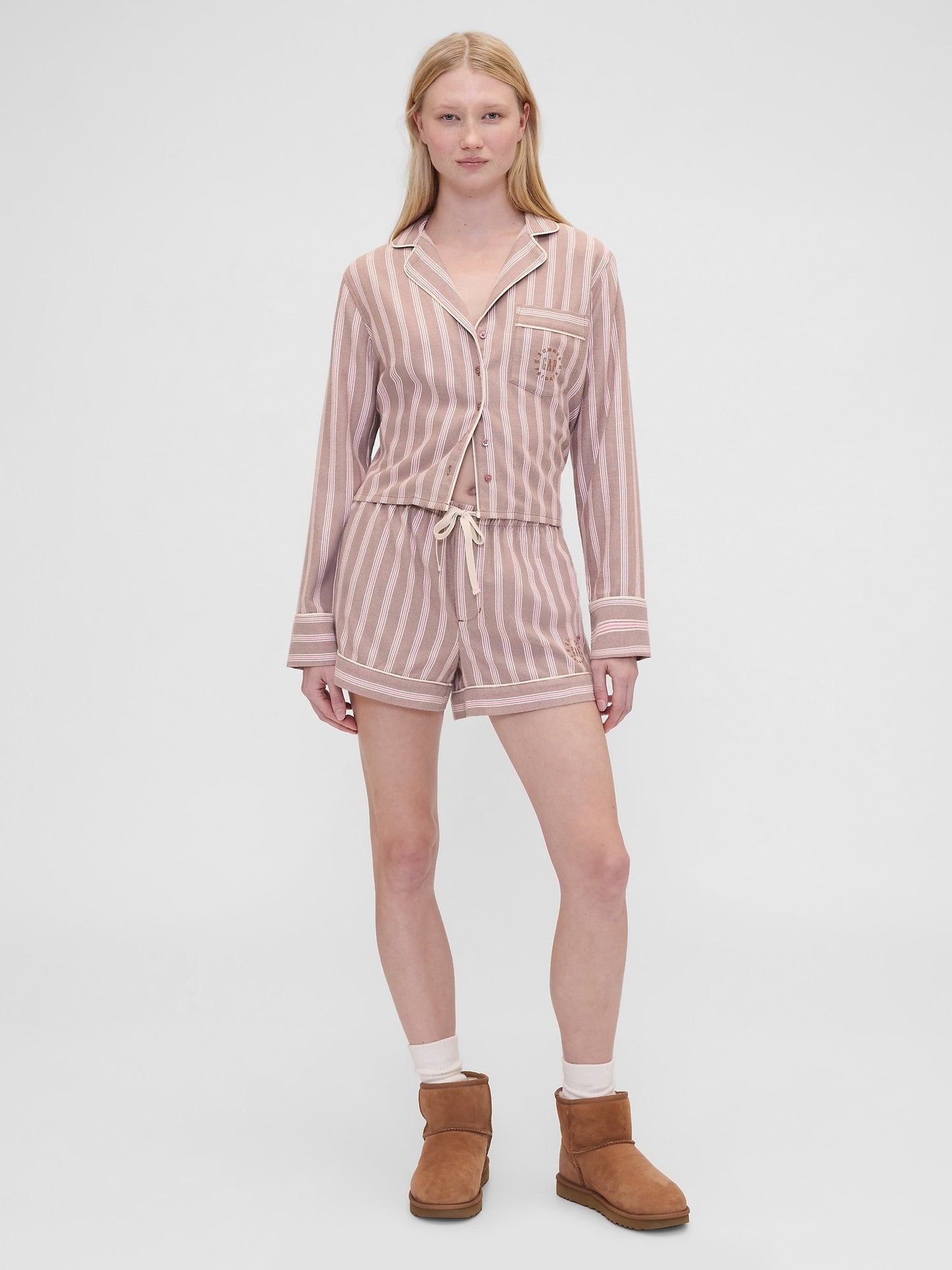 Koyu Pembe Gap × Summer Fridays Relaxed Flannel Çizgili Pijama Üstü