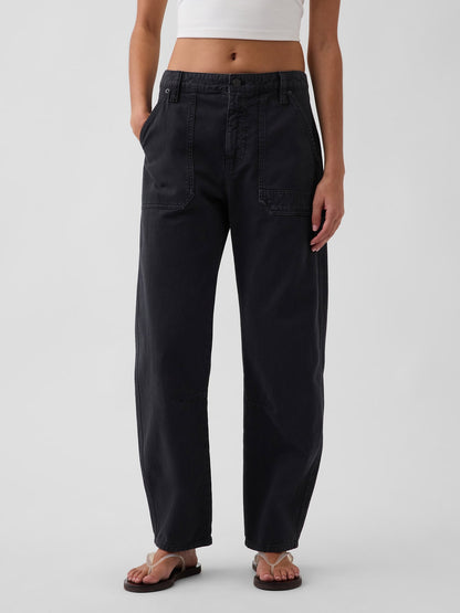 Siyah Mid Rise Barrel Utility Ankle Pantolon