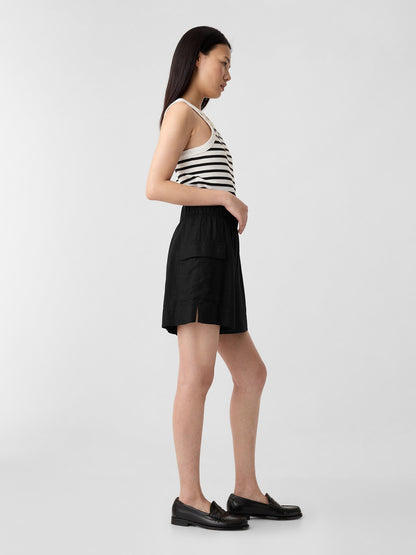 Siyah Keten Karışımlı Pull-on Kargo Şort