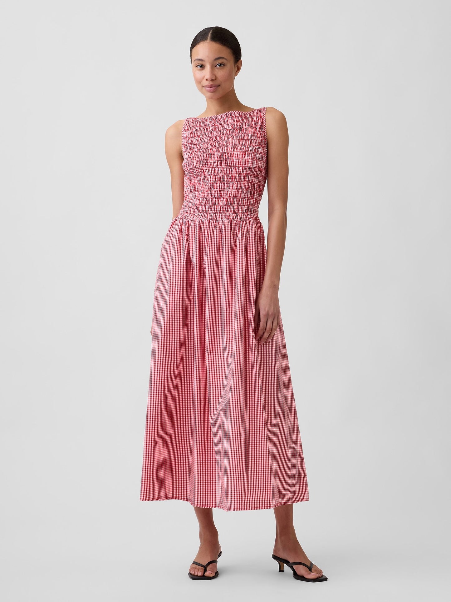 Kırmızı Smocked Boatneck Maxi Elbise