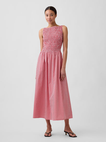 Kırmızı Smocked Boatneck Maxi Elbise