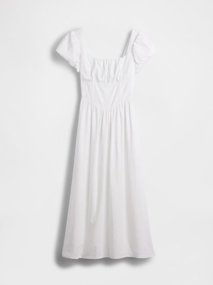 Beyaz Keten Karışımı Drop-waist Maxi Elbise