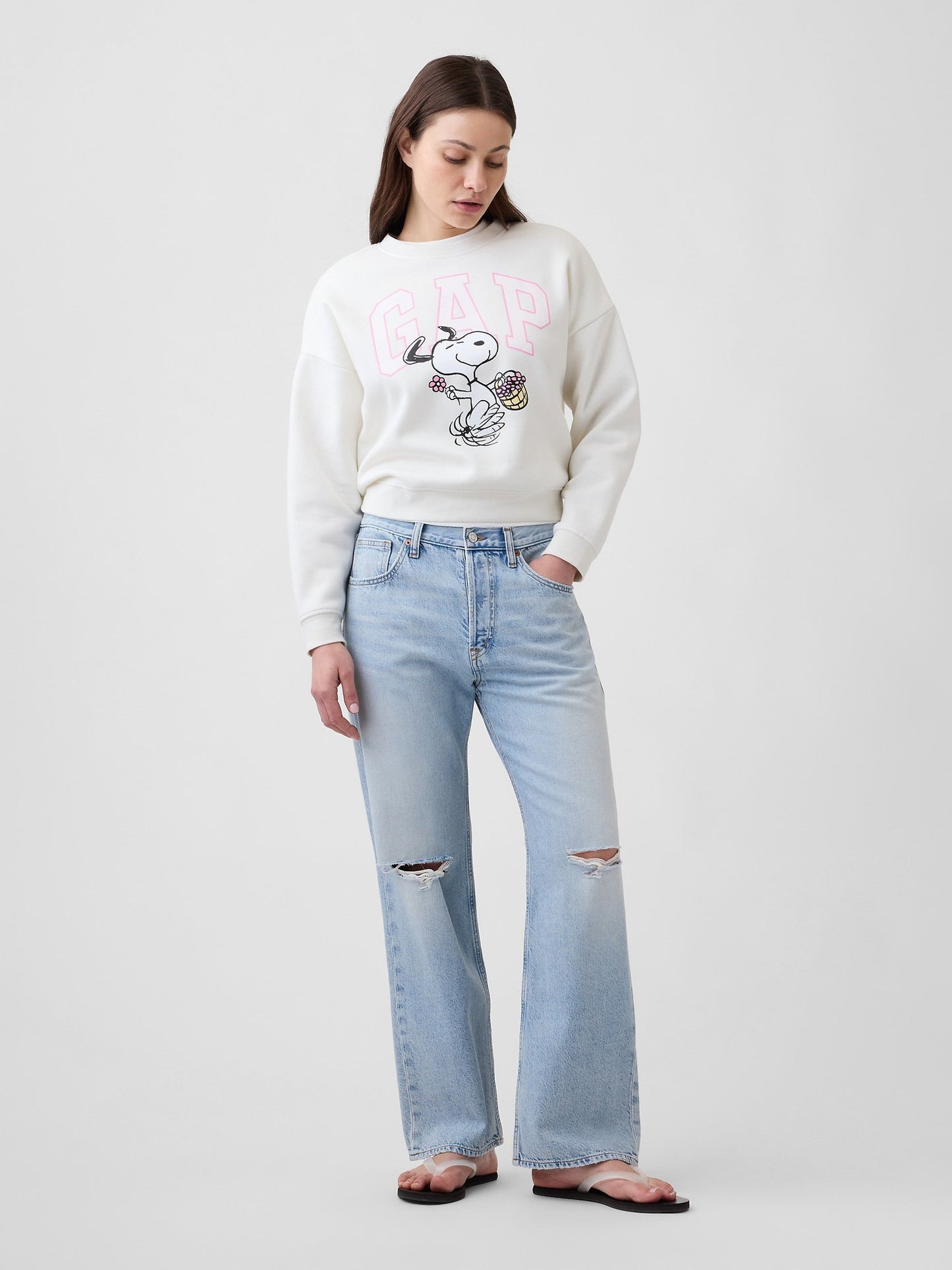 Kırık Beyaz Peanuts Oversized Wedge Bisiklet Yaka Sweatshirt