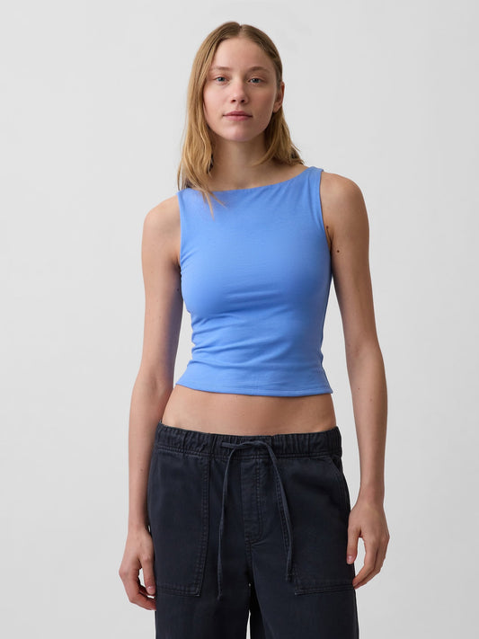 Açık Mavi Closeknit Jersey Botneck Kısa Kolsuz Üst