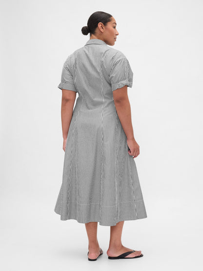 Siyah Beyaz Çizgili Poplin Roll-cuff Midi Gömlek Elbise