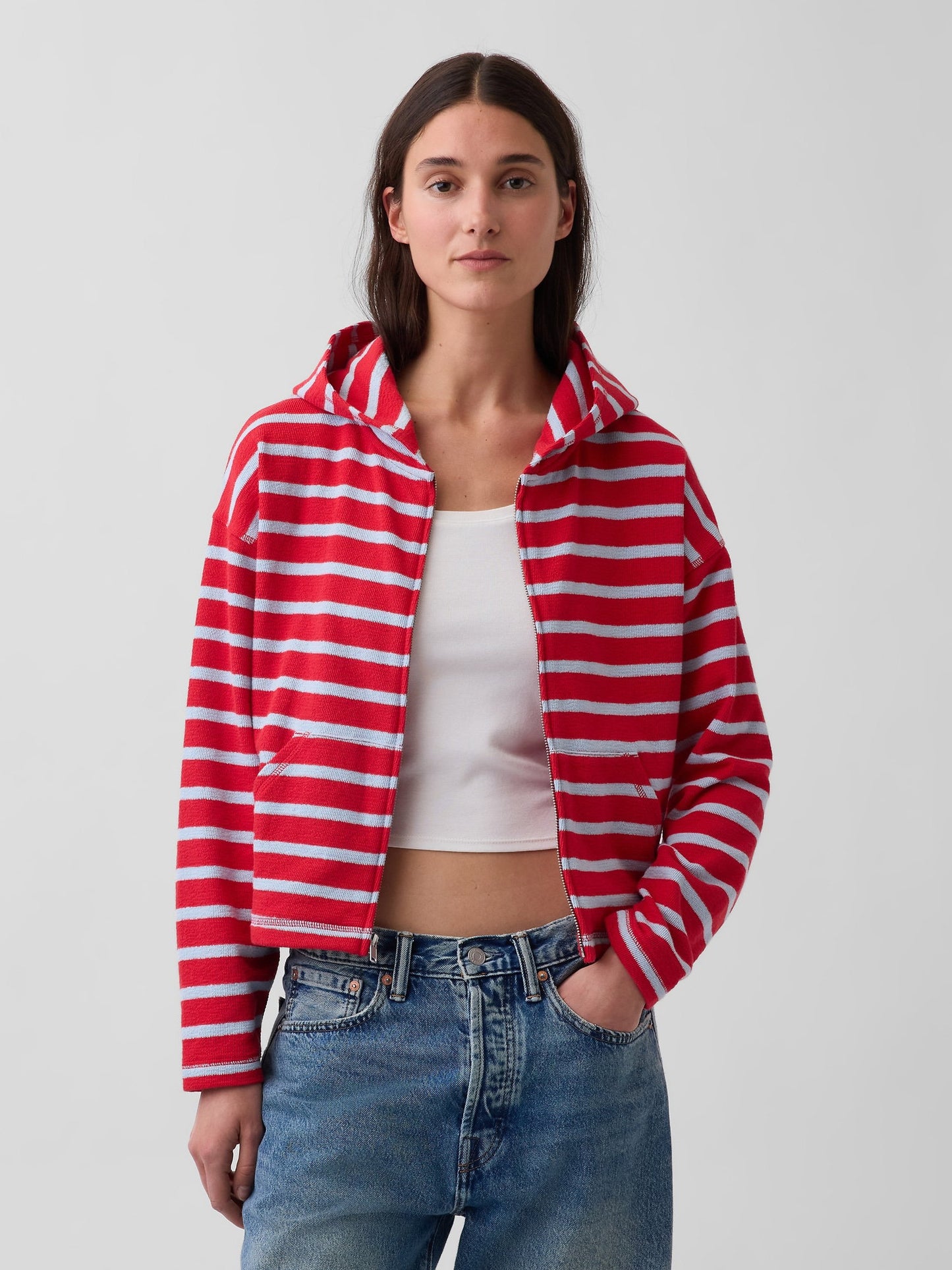Kırmızı Havlu Terry Oversized Çizgili Fermuarlı Sweatshirt