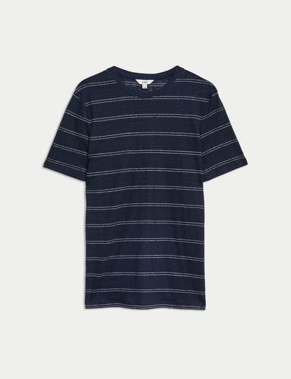 Kısa Kollu Çizgili Saf Keten T-shirt