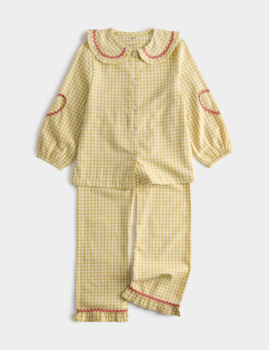 Saf Pamuk Fırfırlı Ekose Pijama Takımı