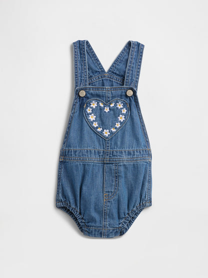 Mavi Papatya Işlemeli Denim Tulum