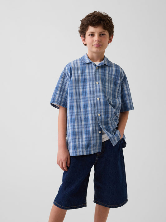 Mavi Kids Textured Ekoseli Relaxed Tatil Gömleği