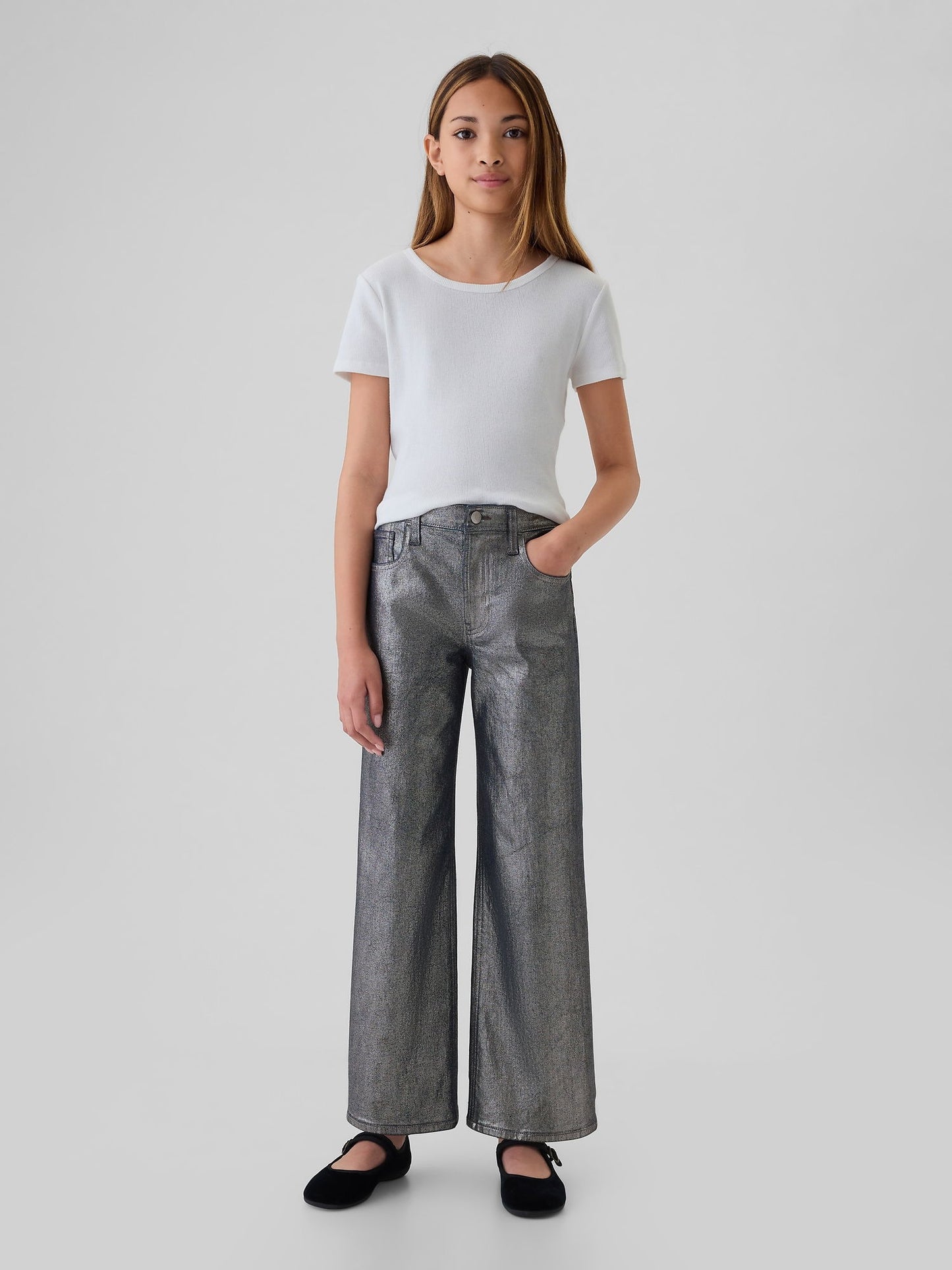 Gri Low Rise Stride Wide-leg Metalik Jean Pantolon