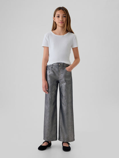 Gri Low Rise Stride Wide-leg Metalik Jean Pantolon