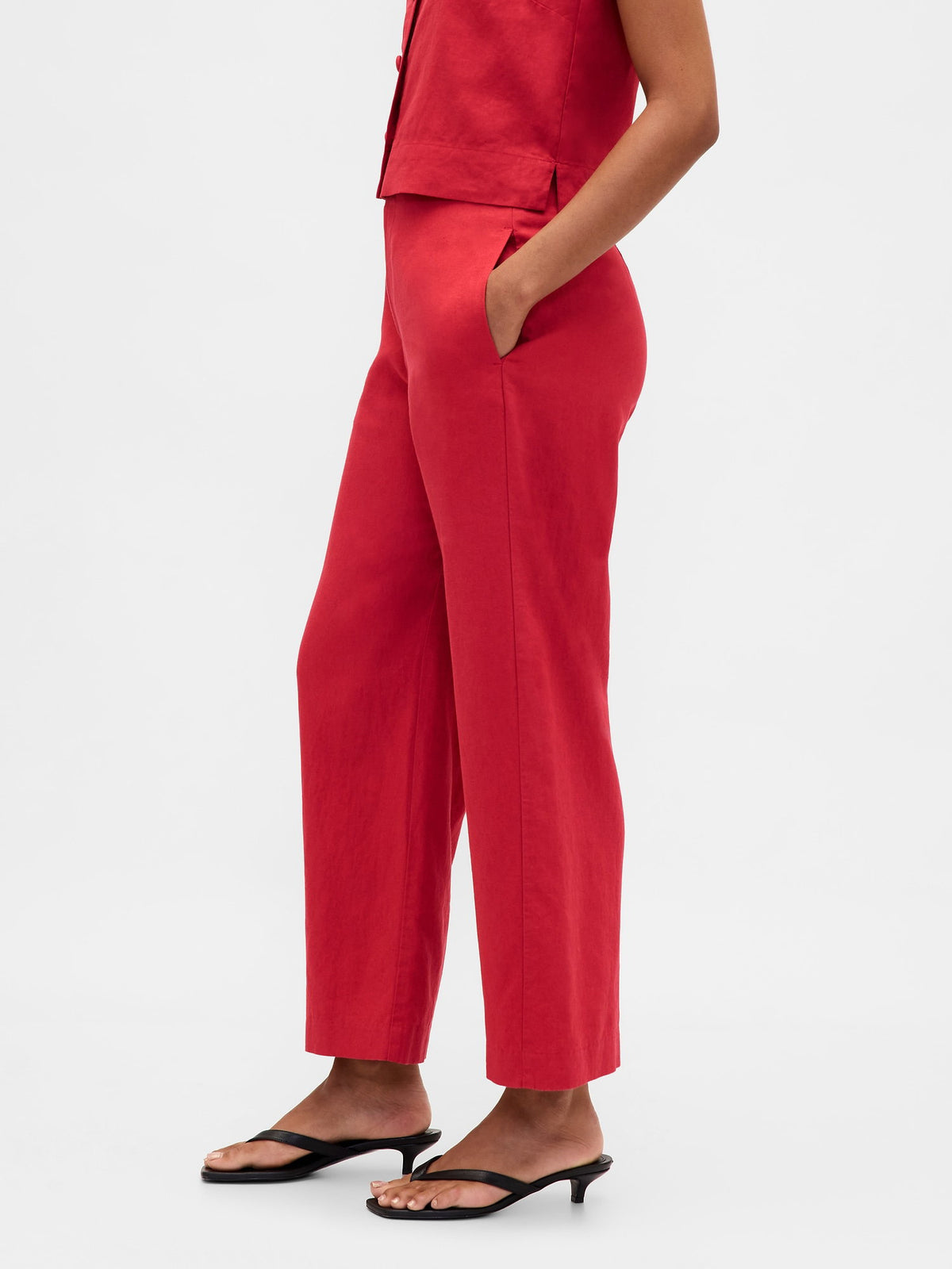 Kırmızı Keten Karışımlı Relaxed Straight Ankle Pantolon