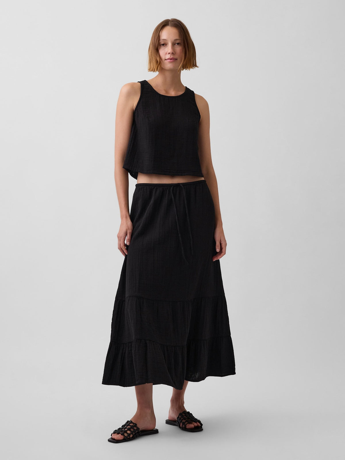 Siyah Pamuk Gauze Tiered Easy Maxi Etek