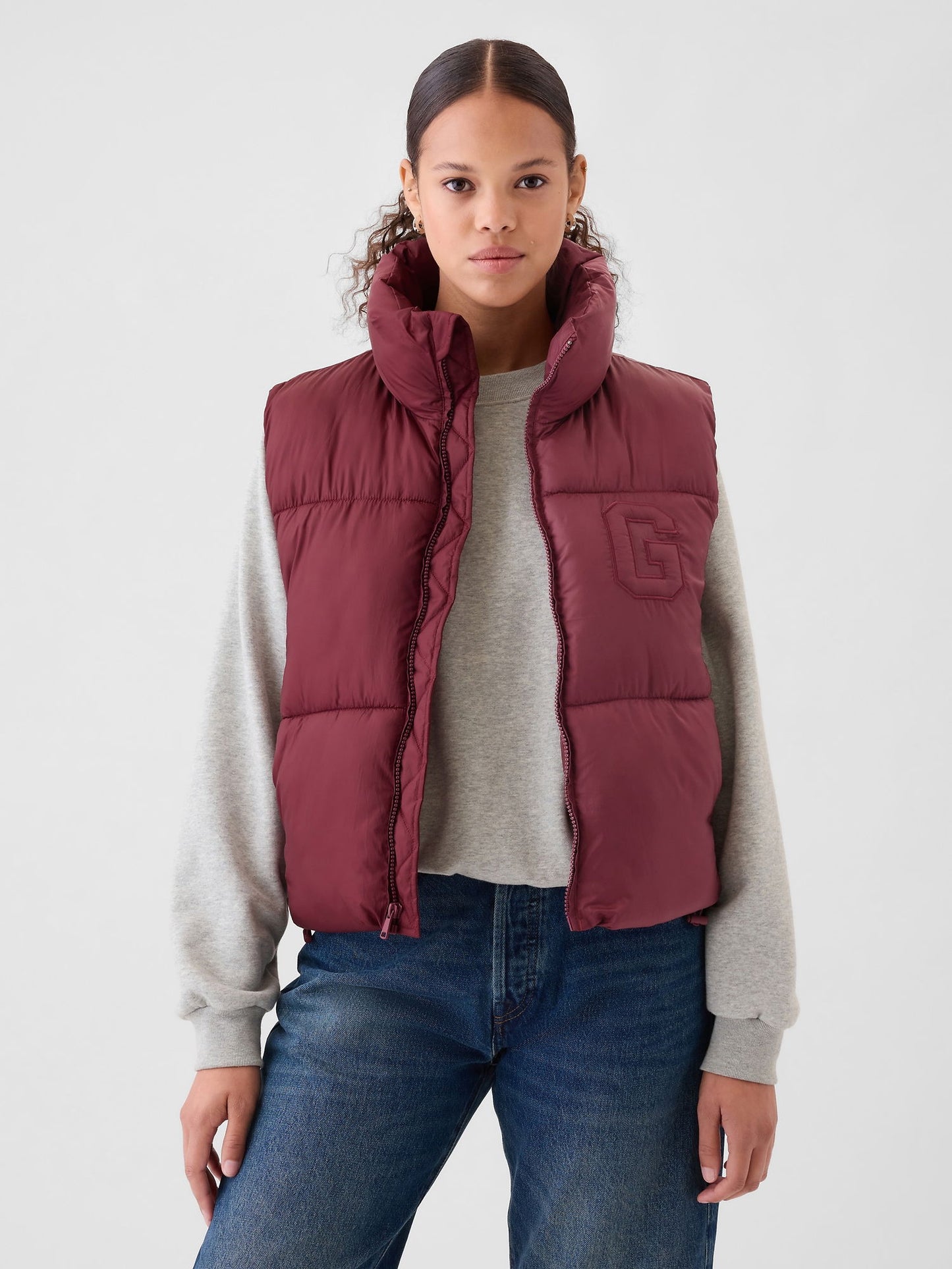Bordo Gap Logo Geri Dönüştürülmüş Crop Puffer Şişme Yelek