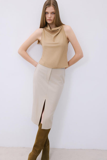 Degaje Yaka Yünlü Camel Bluz