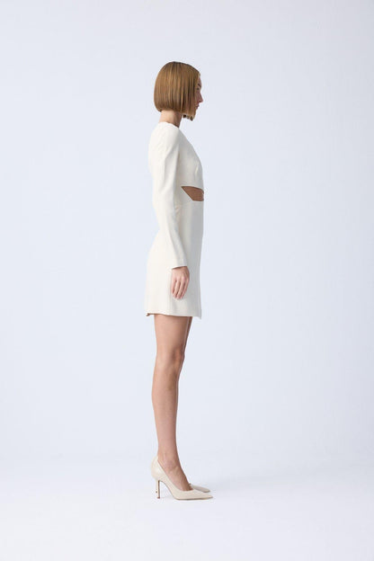 Dekolte Detaylı Ekru Sıfır Yaka Mini Elbise
