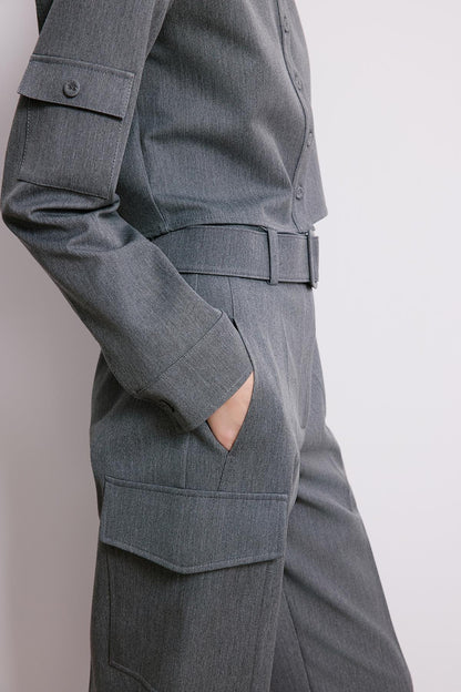 Denim Dokulu Gri Kargo Pantolon