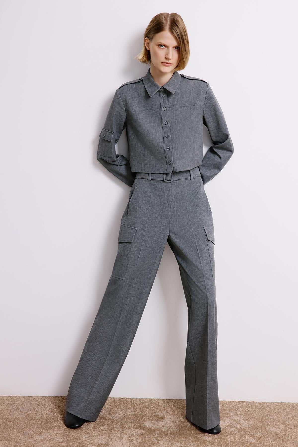 Denim Dokulu Gri Kargo Pantolon