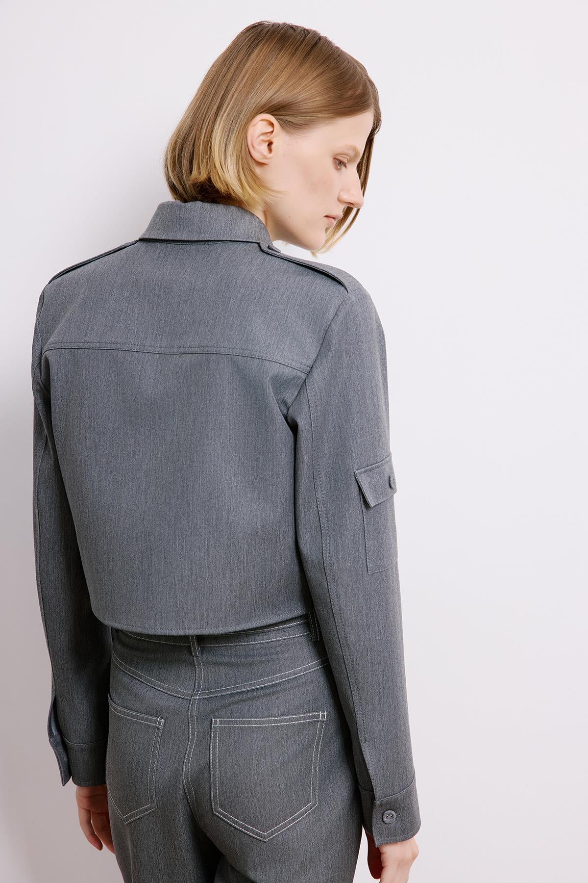 Denim Dokulu Gri Uzun Kollu Gömlek