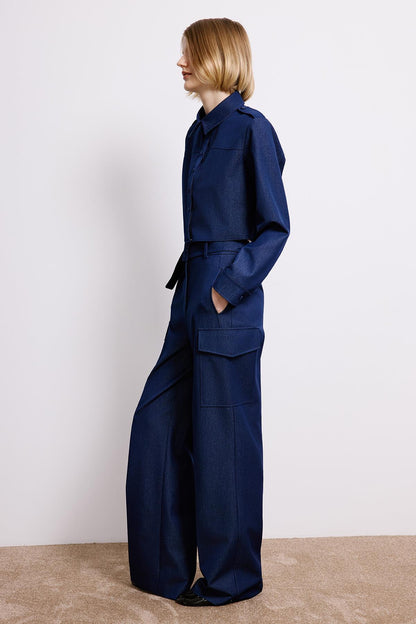 Denim Dokulu Lacivert Kargo Pantolon