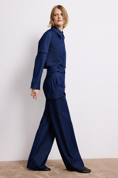 Denim Dokulu Lacivert Kargo Pantolon