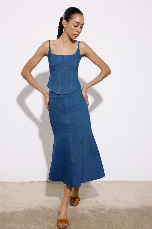 Denim Dokulu Midi Mavi Etek