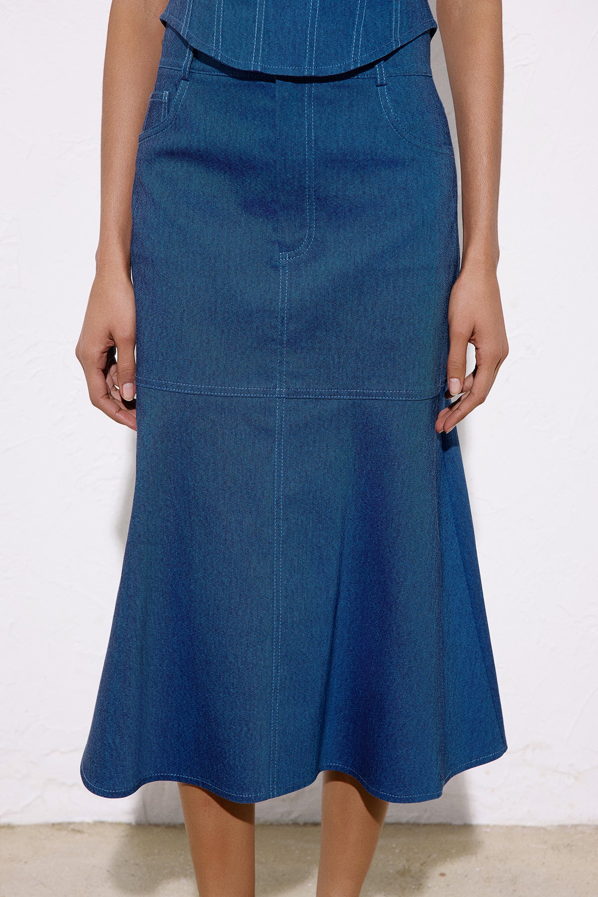 Denim Dokulu Midi Mavi Etek