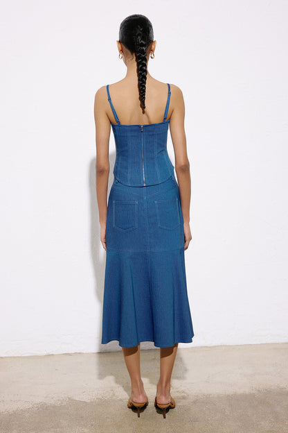 Denim Dokulu Midi Mavi Etek