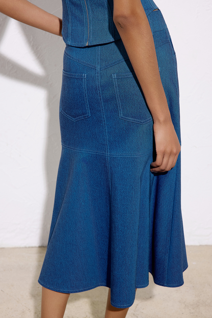 Denim Dokulu Midi Mavi Etek