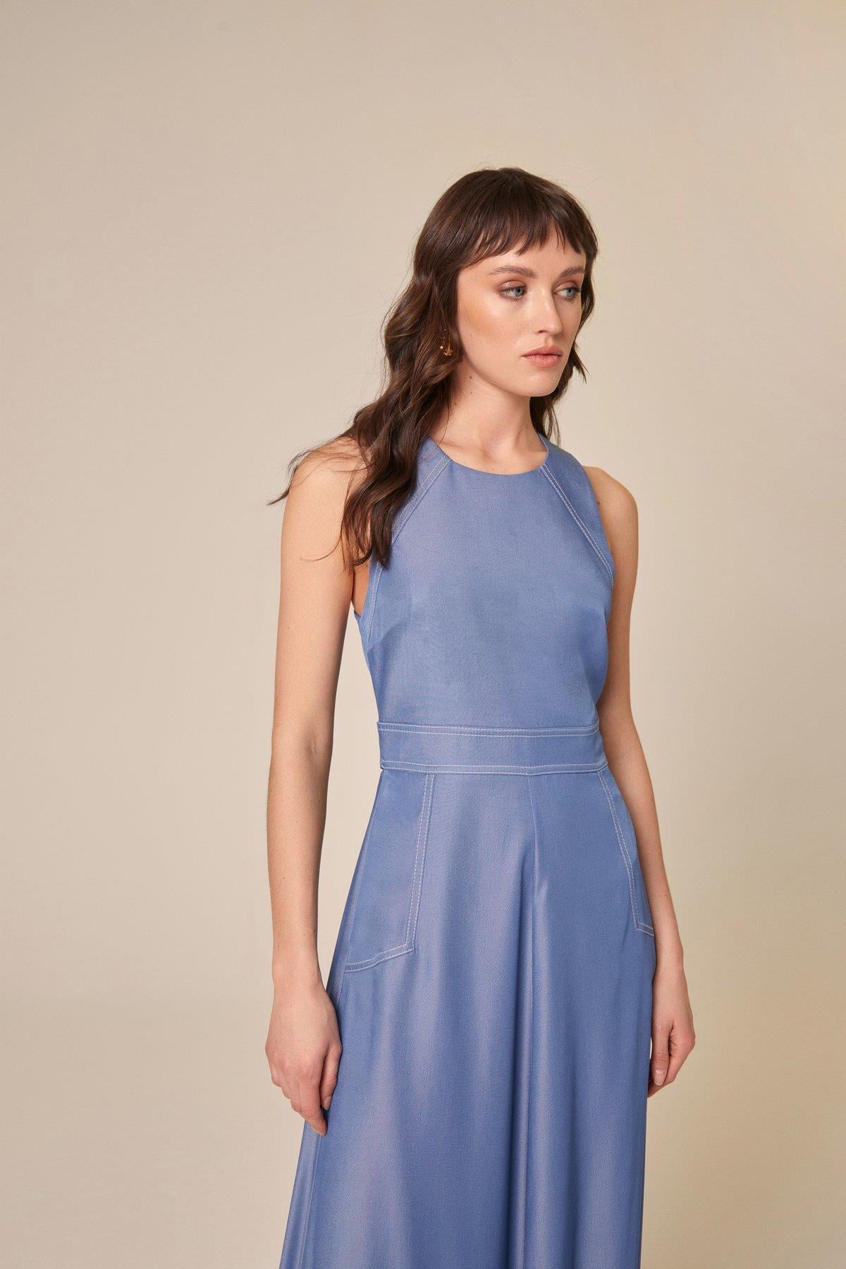 Denim Efektli Indigo Elbise