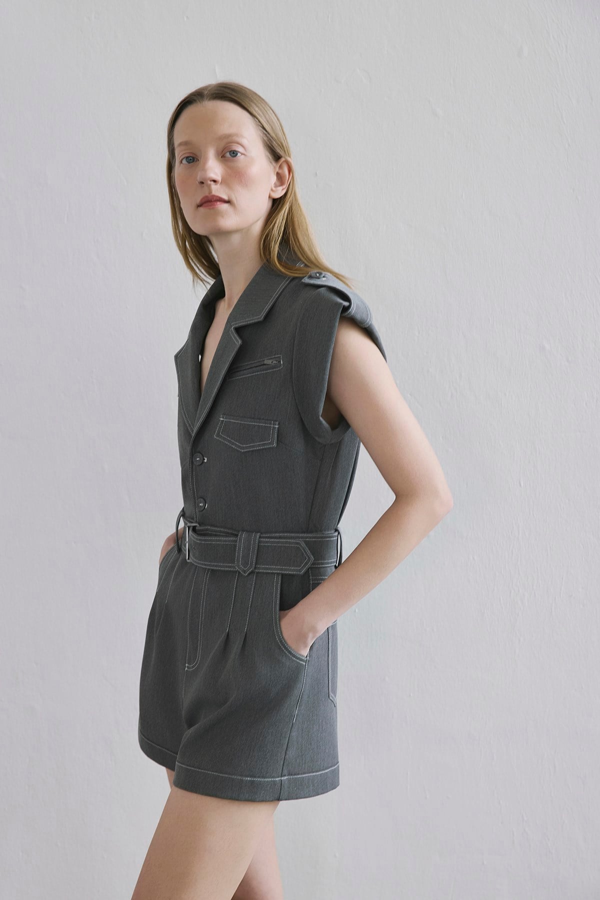 Denim Kontras Kemerli Gri Tulum