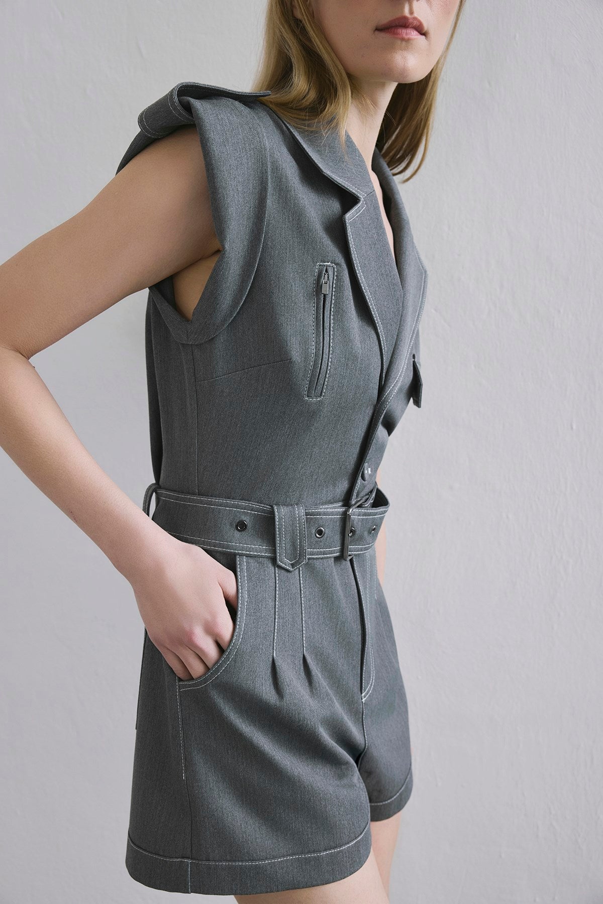 Denim Kontras Kemerli Gri Tulum
