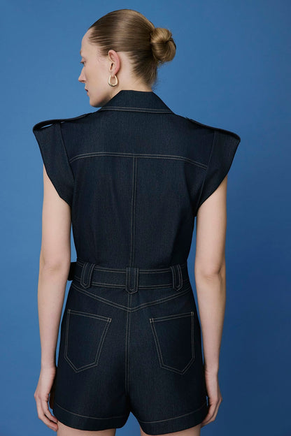 Denim Kontras Kemerli Lacivert Tulum
