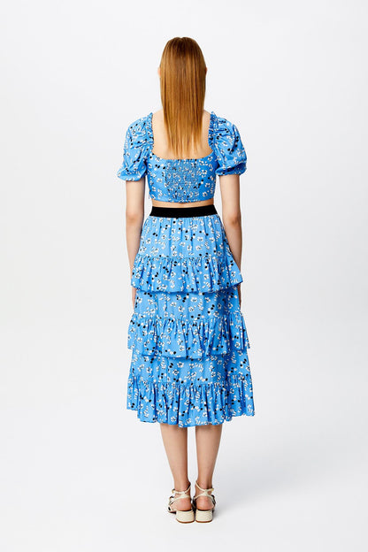 Desenli Volanlı Mavi Midi Etek