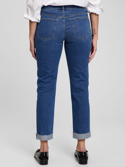 Koyu Mavi Mid Rise Washwell™ Girlfriend Jean Pantolon